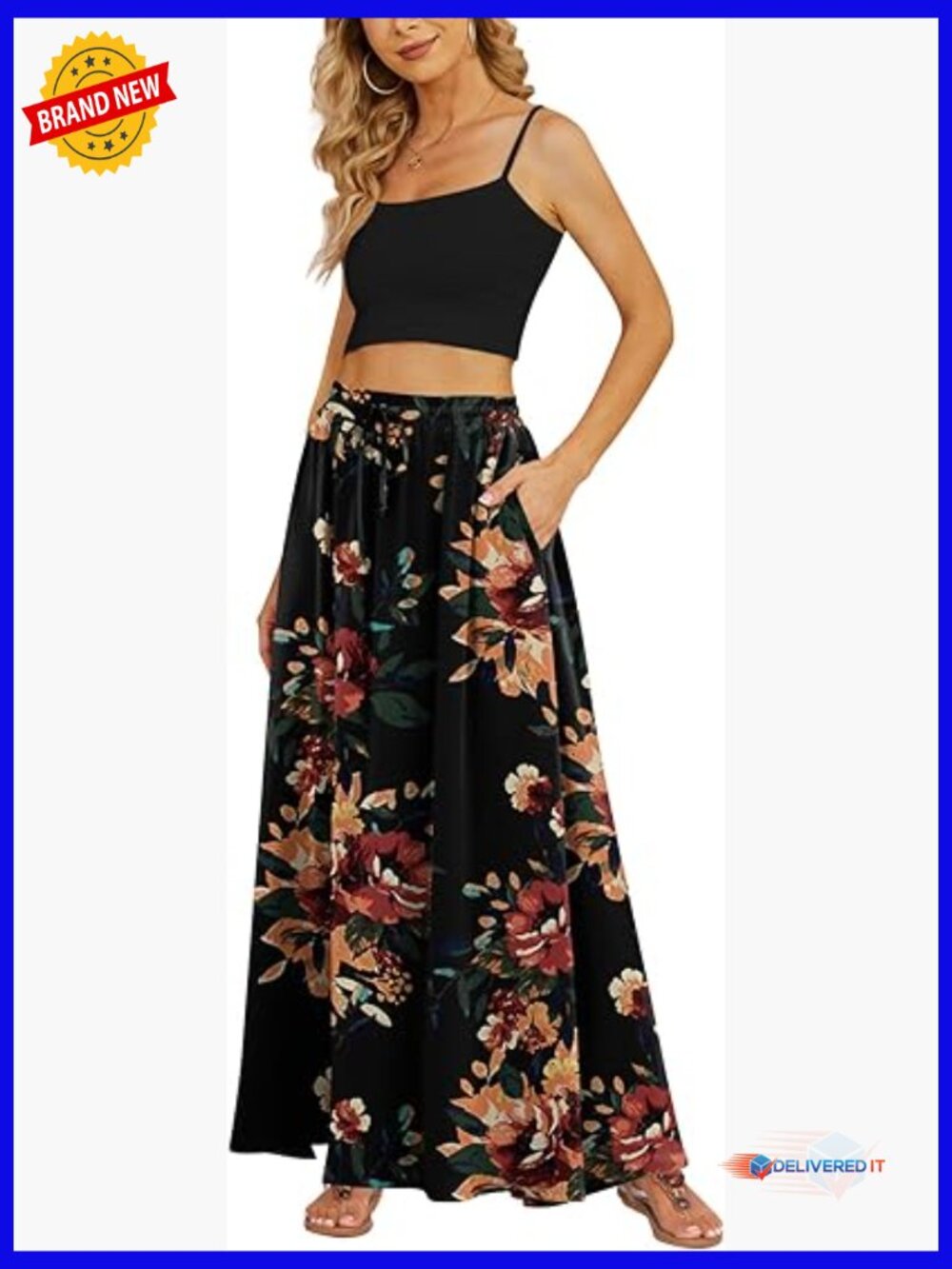 Flowy High Waisted Maxi Skirt with Pockets Pleated Casual Long Skirt